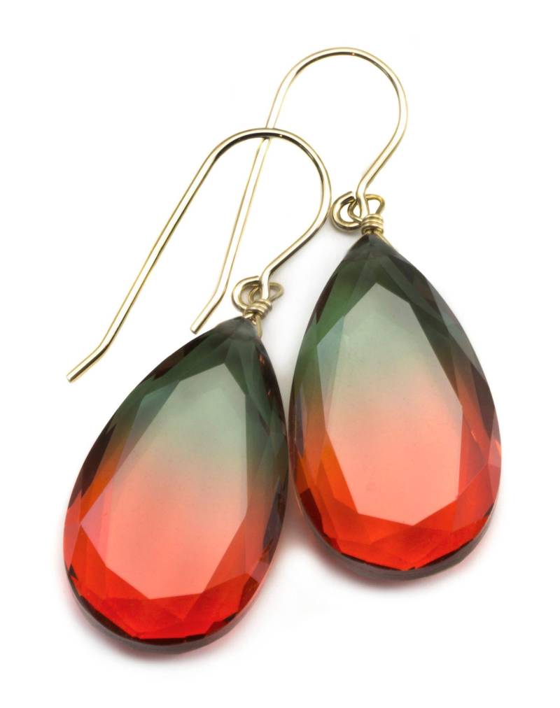 Wassermelone Bicolor Simulierte Turmalin Ohrringe Facettiert Große Bi Farbe Teardrop Dunkelgrün Pink Sterling Silber 14K Gold Oder Filled Drops von Spyglassdesigns