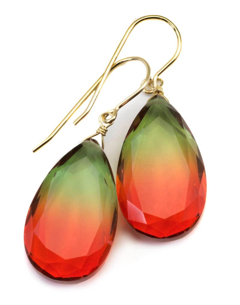 Wassermelone Bicolor Simulierte Turmalin Ohrringe Facettiert Große Bi Farbe Teardrop Grün Gelb Rosa Sterling Silber 14K Gold Oder Filled von Spyglassdesigns