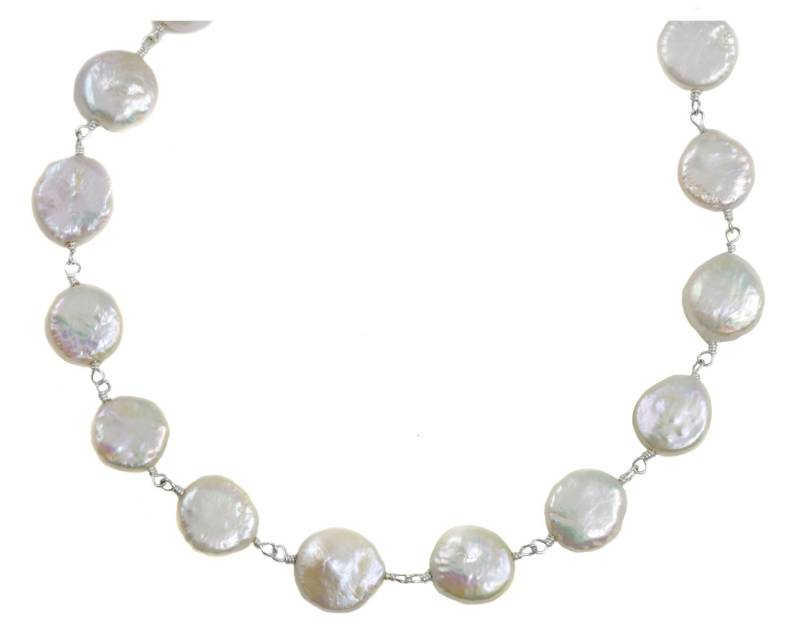 Weißer Knopf Perlenkette Natürliche Süßwasser Sterling Silber Perlen Kette 24 Zoll Zuchtperlen Runde Luster Irisieren von Spyglassdesigns