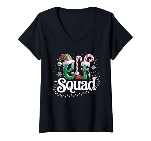 Damen Elf Squad Lustiger, passender Pyjama mit Elfen-Familie, Weihnachten T-Shirt mit V-Ausschnitt Damen Elf Squad Lustiger, passender Pyjama mit Elfen-Familie, Weihnachten T-Shirt mit V-Ausschnitt von Squad Elf Christmas Matching Family Pajamas