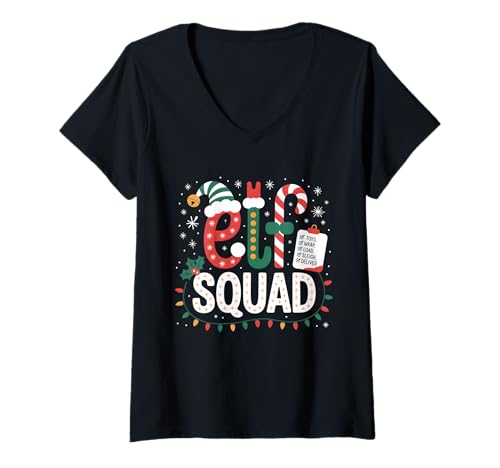 Damen Elf Squad Weihnachtsmann Checkliste Weihnachtsbeleuchtung Familie Kinder Frauen T-Shirt mit V-Ausschnitt von Squad Elf Xmas Elves Candy Cane