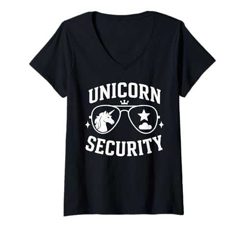 Damen Unicorn Security Lustiger skurriler Einhorn-Wächter im Retro-Look T-Shirt mit V-Ausschnitt von Squad Unicorn Security