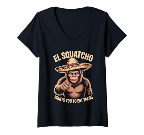 Damen El Squatcho Taco lustiger Bigfoot Mexikaner T-Shirt mit V-Ausschnitt von Squatcho Taco lustiger Bigfoot