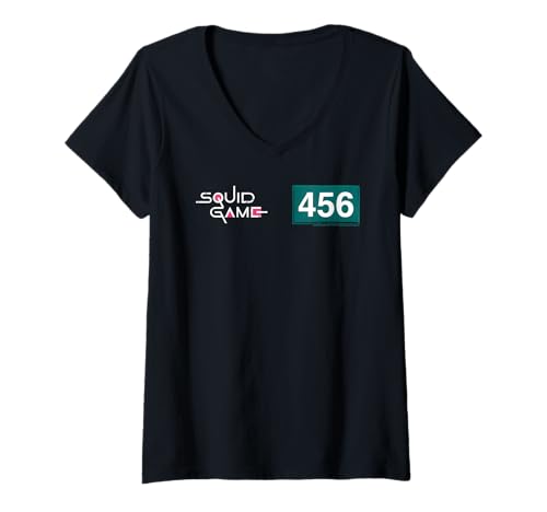 Damen Squid Game Player 456 Nummer und Logo T-Shirt mit V-Ausschnitt von Squid Game