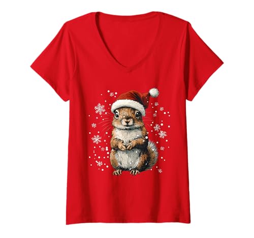 Damen Eichhörnchen-Weihnachtsmann-Mütze, lustig, niedlich, Tierliebhaber, Weihnachten T-Shirt mit V-Ausschnitt von Squirrel - Christmas Apparel & Gifts