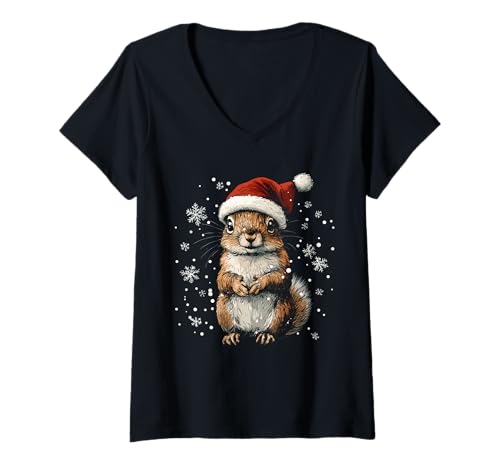 Damen Eichhörnchen-Weihnachtsmann-Mütze, lustig, niedlich, Tierliebhaber, Weihnachten T-Shirt mit V-Ausschnitt von Squirrel - Christmas Apparel & Gifts