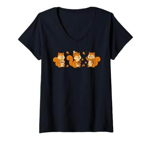 Damen Happy Squirrels in Schals halten Eicheln und Kaffee T-Shirt mit V-Ausschnitt Damen Happy Squirrels in Schals halten Eicheln und Kaffee T-Shirt mit V-Ausschnitt von Squirrel Cozy Mood