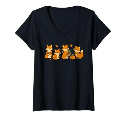Damen Happy Squirrels in Schals halten Eicheln und Kaffee T-Shirt mit V-Ausschnitt Damen Happy Squirrels in Schals halten Eicheln und Kaffee T-Shirt mit V-Ausschnitt von Squirrel Cozy Mood