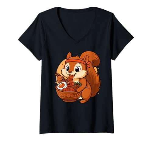 Damen Kawaii Eichhörnchen Essen Ramen Grafik Japanisches Eichhörnchen T-Shirt mit V-Ausschnitt Damen Kawaii Eichhörnchen Essen Ramen Grafik Japanisches Eichhörnchen T-Shirt mit V-Ausschnitt von Squirrel Eating Ramen Funny Japanese Kawaii Design