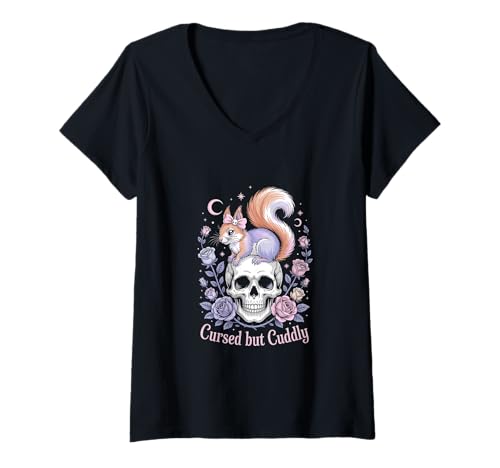 Damen Eichhörnchen Gothic Schädel Pastell Schleife & Rosen T-Shirt mit V-Ausschnitt von Squirrel Floral horror dark witchy aesthetic.