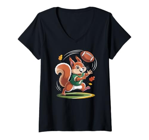 Damen Eichhörnchen spielt Fußball Herbstlaub T-Shirt mit V-Ausschnitt Damen Eichhörnchen spielt Fußball Herbstlaub T-Shirt mit V-Ausschnitt von Squirrel Football Autumn Sports Fun