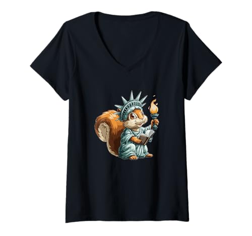 Damen Eichhörnchen in Freiheit Statue Kostüm für Jungen und Mädchen T-Shirt mit V-Ausschnitt von Squirrel Liberty