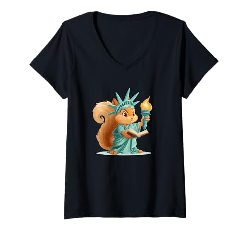 Damen Lustiges Eichhörnchen-Kostüm Liberty Statue für Jungen und Mädchen T-Shirt mit V-Ausschnitt von Squirrel Liberty