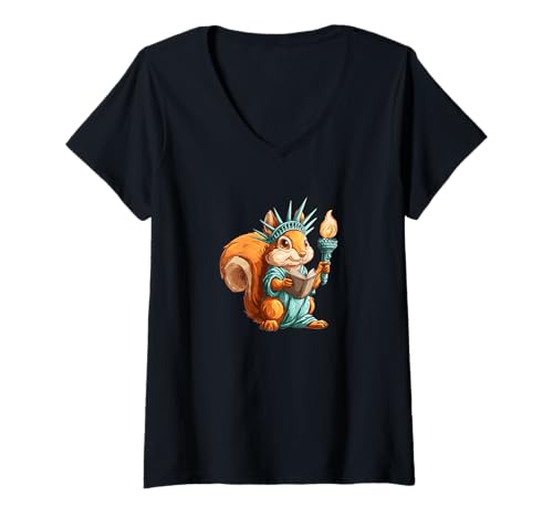 Damen Lustiges Freiheitsstatue Eichhörnchen Kostüm für Jungen und Mädchen T-Shirt mit V-Ausschnitt von Squirrel Liberty