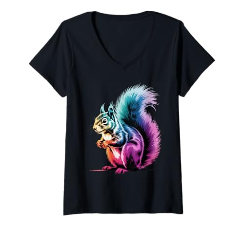 Damen Eichhörnchen-Poster-Stil, Bunte Farbspritzer, Kunstgrafik T-Shirt mit V-Ausschnitt Damen Eichhörnchen-Poster-Stil, Bunte Farbspritzer, Kunstgrafik T-Shirt mit V-Ausschnitt von Squirrel Lover Apparel & Arts