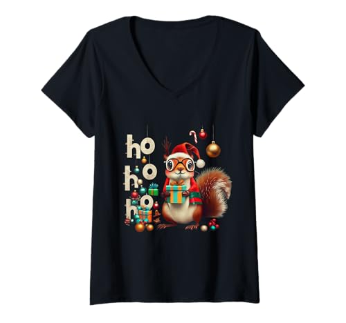 Damen Frohe Weihnachten Eichhörnchen Lustiges X-Mas Tierliebhaber-Design T-Shirt mit V-Ausschnitt von Squirrel Lovers United