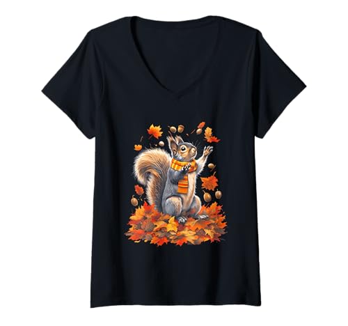 Damen Süßes Eichhörnchen mit Herbstlaub Herbsttier Thanksgiving T-Shirt mit V-Ausschnitt von Squirrel With Fall Leaves Autumn Thanksgiving