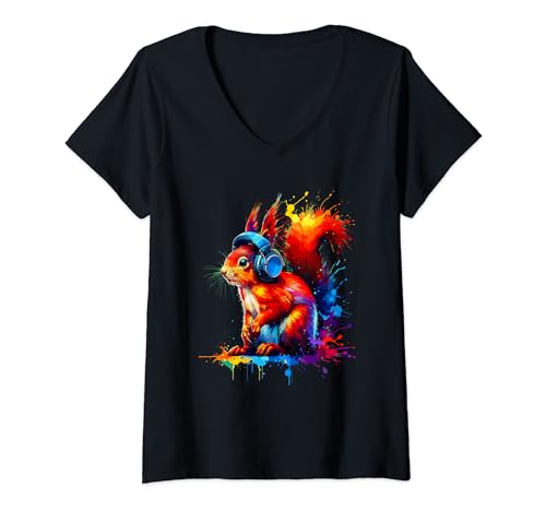 Damen Bunte Splash Art-kopfhörer Mit Roten Eichhörnchen T-Shirt mit V-Ausschnitt Damen Bunte Splash Art-kopfhörer Mit Roten Eichhörnchen T-Shirt mit V-Ausschnitt von Squirrels Gift For A Squirrel Lover