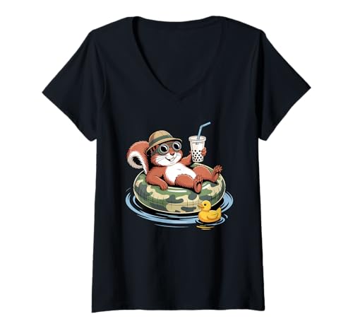Damen Eichhörnchen Boba Perlen Milchtee T-Shirt mit V-Ausschnitt von Squirrels Squirrel Lover Gifts