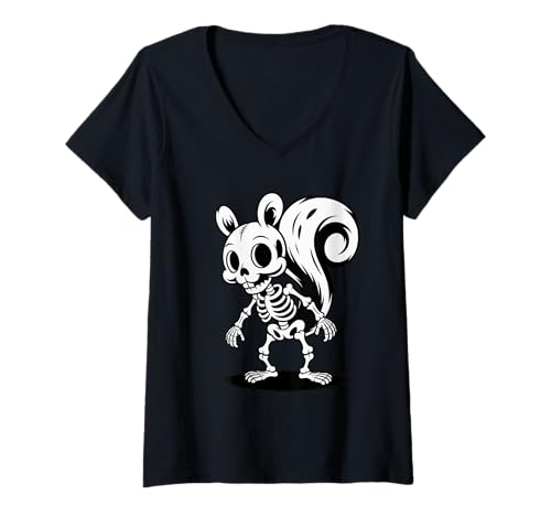 Damen Halloween Eichhörnchen Skelett Gruselige T-Shirt mit V-Ausschnitt Damen Halloween Eichhörnchen Skelett Gruselige T-Shirt mit V-Ausschnitt von Squirrels Squirrel Lover Gifts