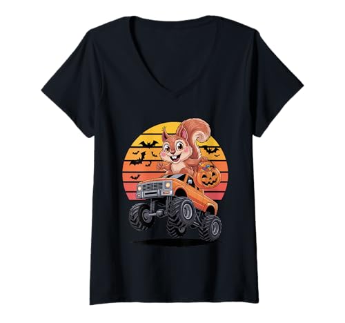 Damen Halloween Monstertruck Eichhörnchen T-Shirt mit V-Ausschnitt Damen Halloween Monstertruck Eichhörnchen T-Shirt mit V-Ausschnitt von Squirrels Squirrel Lover Gifts