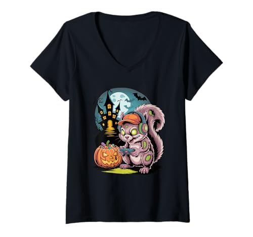 Damen Halloween Zombie Eichhörnchen Gamer Video Gaming T-Shirt mit V-Ausschnitt Damen Halloween Zombie Eichhörnchen Gamer Video Gaming T-Shirt mit V-Ausschnitt von Squirrels Squirrel Lover Gifts