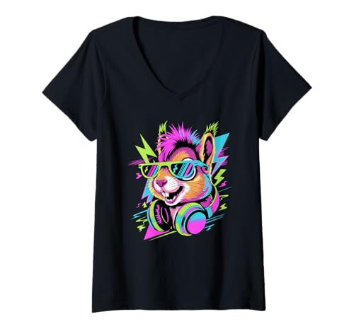 Damen Punk Ära Stil Eichhörnchen Sonnenbrille T-Shirt mit V-Ausschnitt von Squirrels Squirrel Lover Gifts