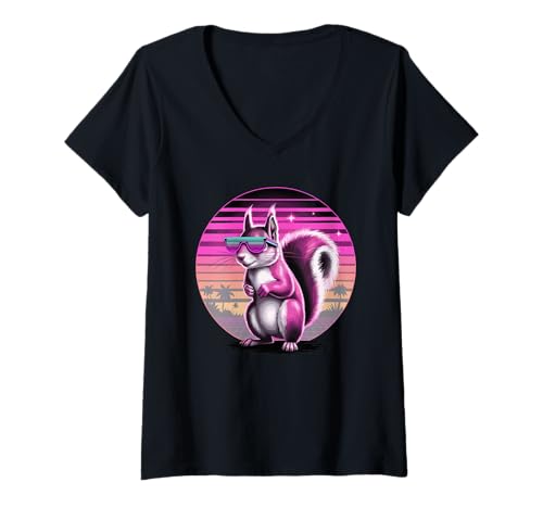 Damen Retro Synthwave Eichhörnchen Sonnenbrille Eichhörnchen T-Shirt mit V-Ausschnitt von Squirrels Squirrel Lover Gifts