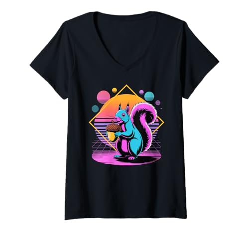 Damen Retro Synthwave Eichhörnchen T-Shirt mit V-Ausschnitt Damen Retro Synthwave Eichhörnchen T-Shirt mit V-Ausschnitt von Squirrels Squirrel Lover Gifts