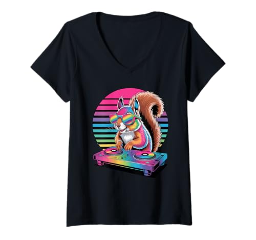Damen Synthwave Eichhörnchen DJ Sonnenbrille T-Shirt mit V-Ausschnitt Damen Synthwave Eichhörnchen DJ Sonnenbrille T-Shirt mit V-Ausschnitt von Squirrels Squirrel Lover Gifts