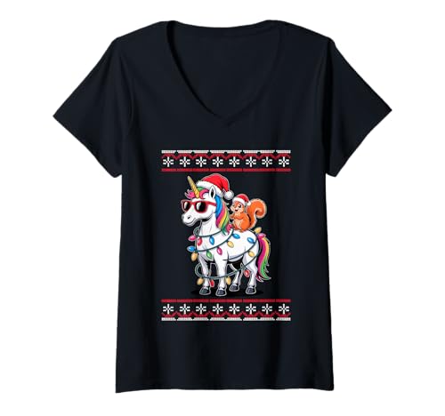 Damen Weihnachten Eichhörnchen Einhorn Sonnenbrille T-Shirt mit V-Ausschnitt Damen Weihnachten Eichhörnchen Einhorn Sonnenbrille T-Shirt mit V-Ausschnitt von Squirrels Squirrel Lover Gifts