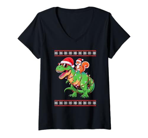 Damen Weihnachten Eichhörnchen T-Rex Dinosaurier Tyrannosaurus Rex T-Shirt mit V-Ausschnitt Damen Weihnachten Eichhörnchen T-Rex Dinosaurier Tyrannosaurus Rex T-Shirt mit V-Ausschnitt von Squirrels Squirrel Lover Gifts