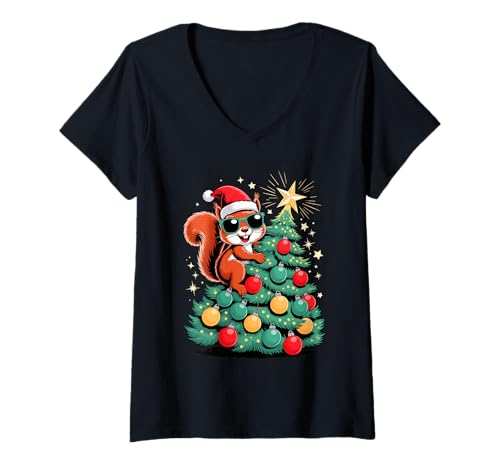 Damen Weihnachtsbaum Eichhörnchen Sonnenbrille T-Shirt mit V-Ausschnitt Damen Weihnachtsbaum Eichhörnchen Sonnenbrille T-Shirt mit V-Ausschnitt von Squirrels Squirrel Lover Gifts