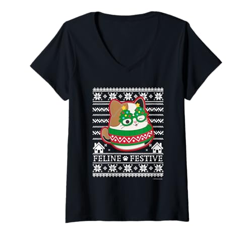 Damen Weihnachten Squishmallows Festive Feline T-Shirt mit V-Ausschnitt von Squishmallows