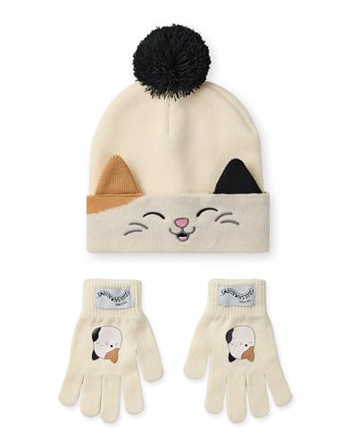 Squishmallows Beanie-Mutze und Handschuhe-Set | Gestrickte Wintermutze fur Kinder mit Cam-The-Cat-Charakter in Beige | Mutze und Handschuhe fur kaltes Wetter in Einheitsgrosse mit Bommeln fur Kinder von Squishmallows