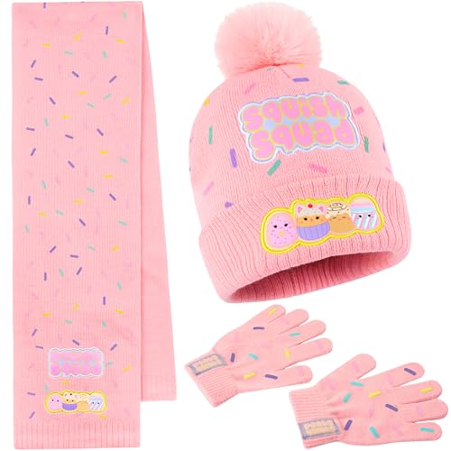 Squishmallows Lizenziertes Mütze Kinder Handschuhe Schal Set, 3-in-1 Beanie Mädchen, Weich & Warm, Geschenke für Mädchen von Squishmallows