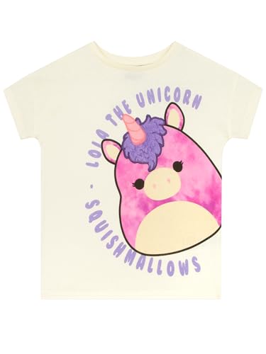 Squishmallows T Shirt Mädchen, Lola The Unicorn Kurzarm T Shirt Kinder, Sommer Tshirt Kinder Mädchen, Elfenbein 134 von Squishmallows