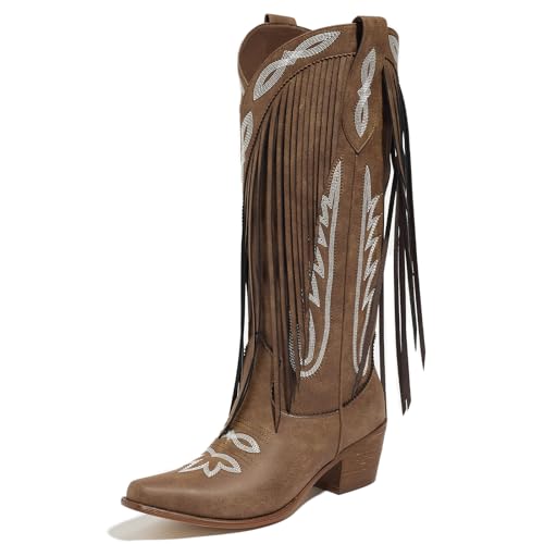 Sqzrkj Cowboystiefel mit Fransen, breite Wade, kniehoch, Westernstiefel, breiter Absatz, spitzer Zehenbereich, Rodeo, Party, Reiten, Festival, Braun, 39.5 EU Sqzrkj Cowboystiefel mit Fransen, breite Wade, kniehoch, Westernstiefel, breiter Absatz, spitzer Zehenbereich, Rodeo, Party, Reiten, Festival, Braun, 39.5 EU von Sqzrkj