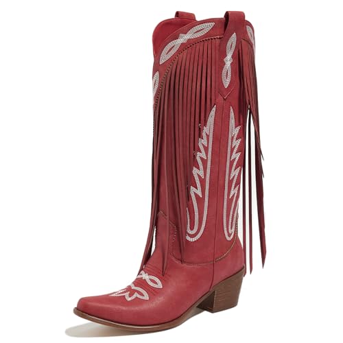 Sqzrkj Cowboystiefel mit Fransen, breite Wade, kniehoch, Westernstiefel, breiter Absatz, spitzer Zehenbereich, Rodeo, Party, Reiten, Festival, Rot/Ausflug, einfarbig (Getaway Solids), 38.5 EU von Sqzrkj