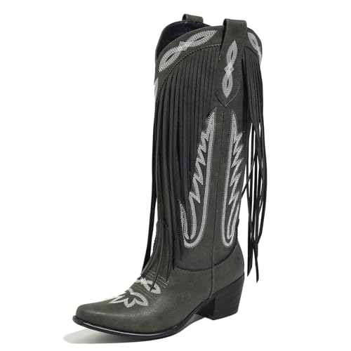 Sqzrkj Cowboystiefel mit Fransen, breite Wade, kniehoch, Westernstiefel, breiter Absatz, spitzer Zehenbereich, Rodeo, Party, Reiten, Festival, Schwarz, 37.5 EU Sqzrkj Cowboystiefel mit Fransen, breite Wade, kniehoch, Westernstiefel, breiter Absatz, spitzer Zehenbereich, Rodeo, Party, Reiten, Festival, Schwarz, 37.5 EU von Sqzrkj