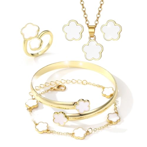 Lucky Five Leaf Clover Sets – 18 Karat vergoldeter Damenschmuck, Geschenke: weißes fünfblättriges Kleeblatt-Design, Armband, Armreif, Anhängerkette, offener Ring und Ohrringe Lucky Five Leaf Clover Sets – 18 Karat vergoldeter Damenschmuck, Geschenke: weißes fünfblättriges Kleeblatt-Design, Armband, Armreif, Anhängerkette, offener Ring und Ohrringe von Srazeyo