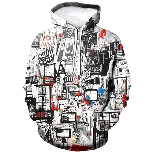 Srcnhim Herren-Kapuzenpullover mit Straßenbuchstaben, Graffiti-Marker, 3D-Druck, Graffiti-Grafik-Sweatshirts, Pullover, Weiss/opulenter Garten, X-Large von Srcnhim