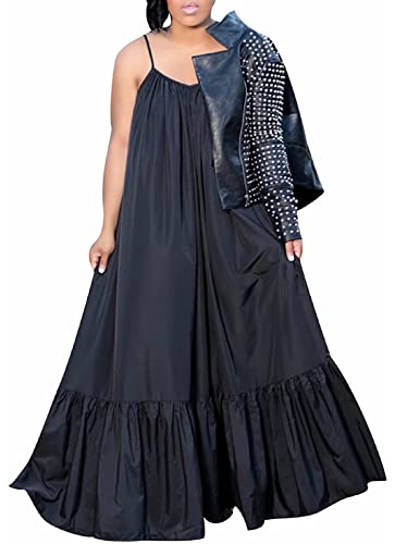 Sriswel Damen Sexy Ärmelloses Spaghettiträgerkleid mit gerüschtem Rüschensaum, Strand, locker, langes Maxikleid in Übergröße, schwarz, 3X-Groß von Sriswel