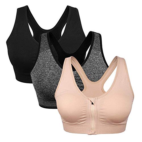 Srizgo Sport BH mit Vorderverschluss Nach der Operation tragbarer Postoperativer BH Starker Halt Sport Bra Gepolstert Ohne Bügel für Sport Fitness Yoga(Schwarz+Grau+Haut,M) von Srizgo