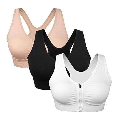 Srizgo Sport BH mit Vorderverschluss Nach der Operation tragbarer Postoperativer BH Starker Halt Sport Bra Gepolstert Ohne Bügel für Sport Fitness Yoga(Schwarz+Weiß+Haut,L) von Srizgo