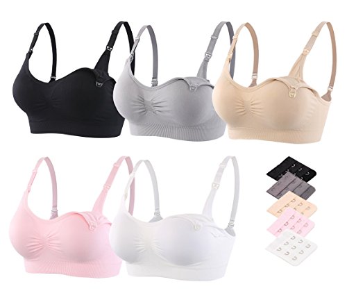 Srizgo Still BH Damen 5er Pack Schwangerschaft Still-BHS Zusätzlichen BH-Verlängerungen Ohne Bügel Nahtlose Tag und Nacht Still-BH (Schwarz+weiß+haut+grau+rosa, XL) von Srizgo