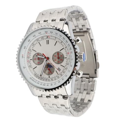 Herren-Quarzuhr mit Kalender und Mondphase, Gehäuse aus Zinklegierung, Edelstahlarmband, Quarz-Armbanduhr, Herren-Armbanduhr, Kalender, Mondphasen-Uhr (Silber) von Srliya