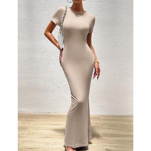 Kurzärmliges, Figurbetontes Maxikleid Damen, Rundhalsausschnitt, Fischschwanzsaum, Lässiges, Schmal Geschnittenes Midikleid (L) von Srliya