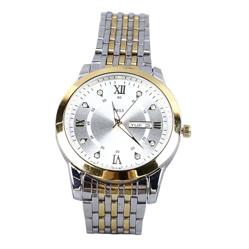 Srliya Herren-Quarz-Business-Armbanduhr mit Datum, Leuchtendem Edelstahl, Doppelkalender-Armbanduhr, Wasserdicht, Leicht (Goldenes Weiß) von Srliya