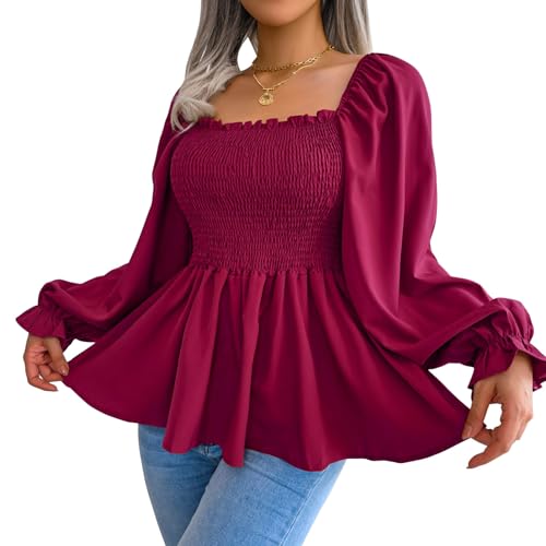 Srliya Langarmbluse, Rüschenbesatz Am Hals, Rüschensaum, Reine Farbe, Gerafft, Lässiges Damen-Oberteil die Tägliche Arbeit, Verabredung (XL) von Srliya